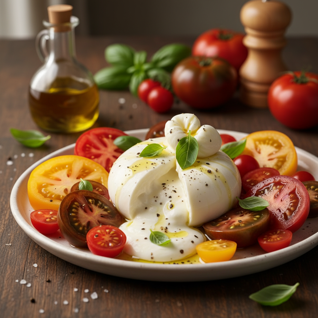 Itališka klasika: burata su pomidorais ir bazilikais