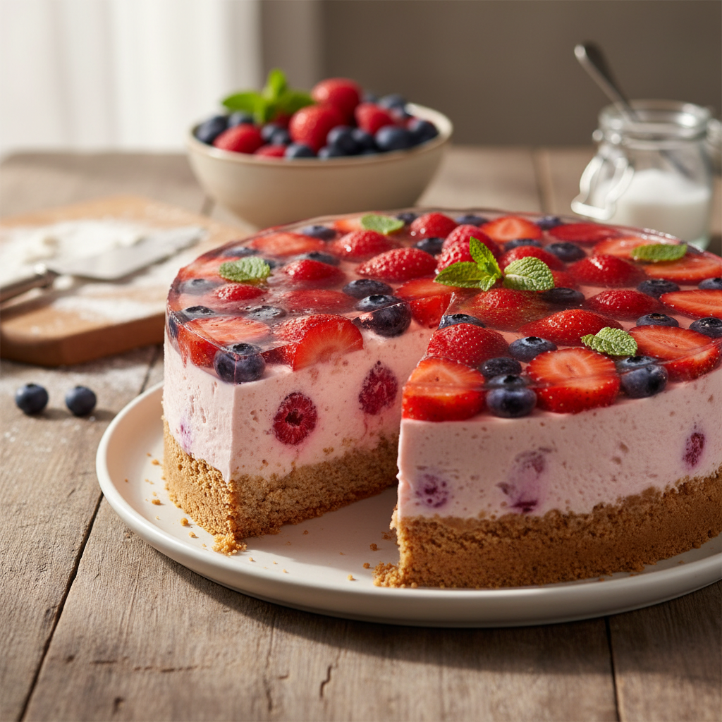 Jogurtinis želė tortas su uogomis: gaivus desertas be kepimo