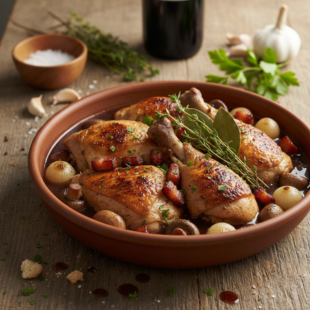 Coq au vin: klasikinis prancūziško troškinio receptas