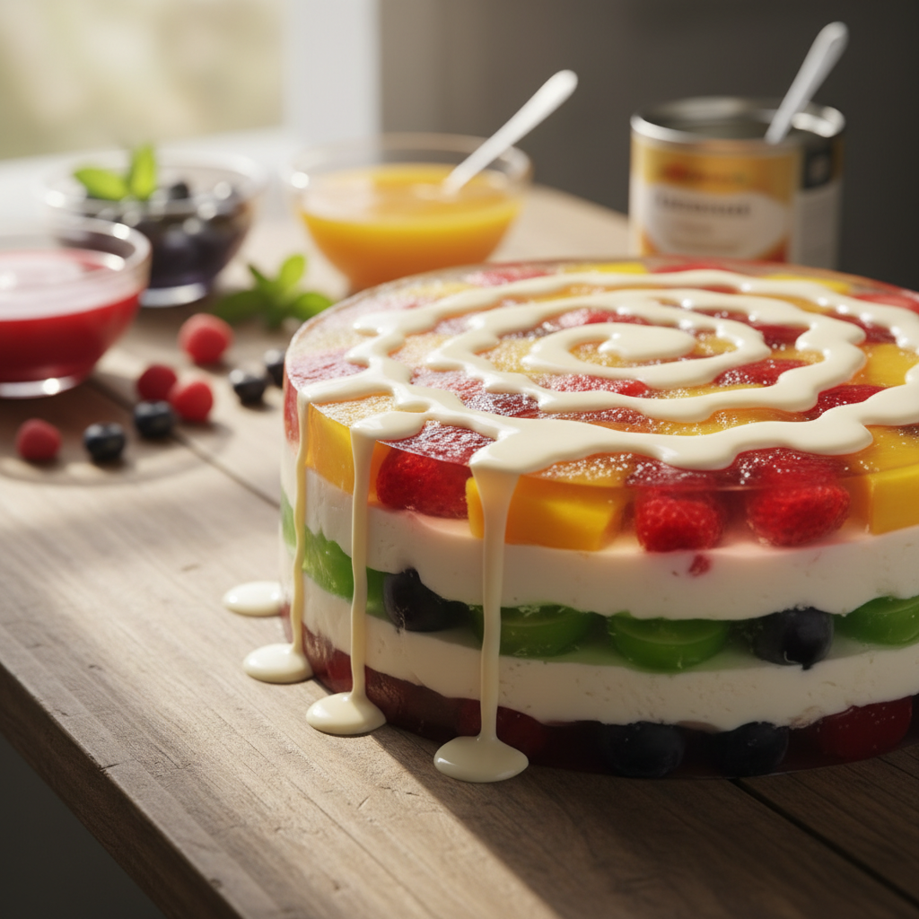 Gaivus ir kreminis želė tortas su kondensuotu pienu: receptas