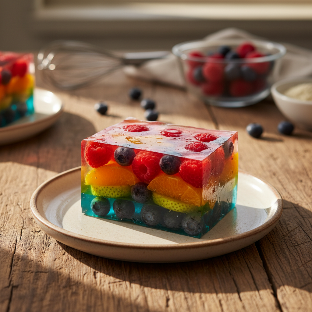 Gaivus sluoksniuotas želė tortas su vaisiais: geriausias receptas